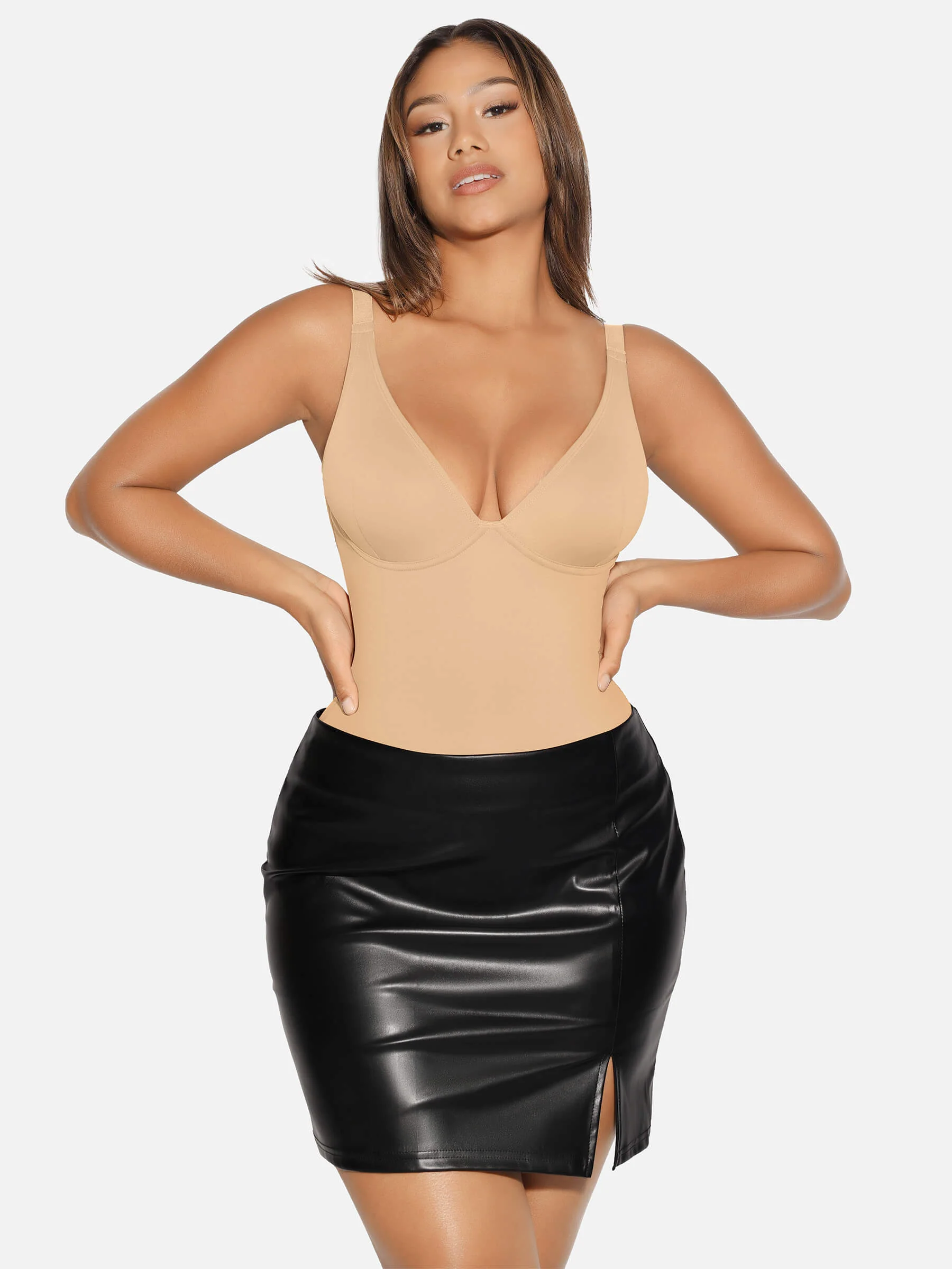 Feelingirl V Neck Tummy Control Shaping Bodysuit - Image 63
